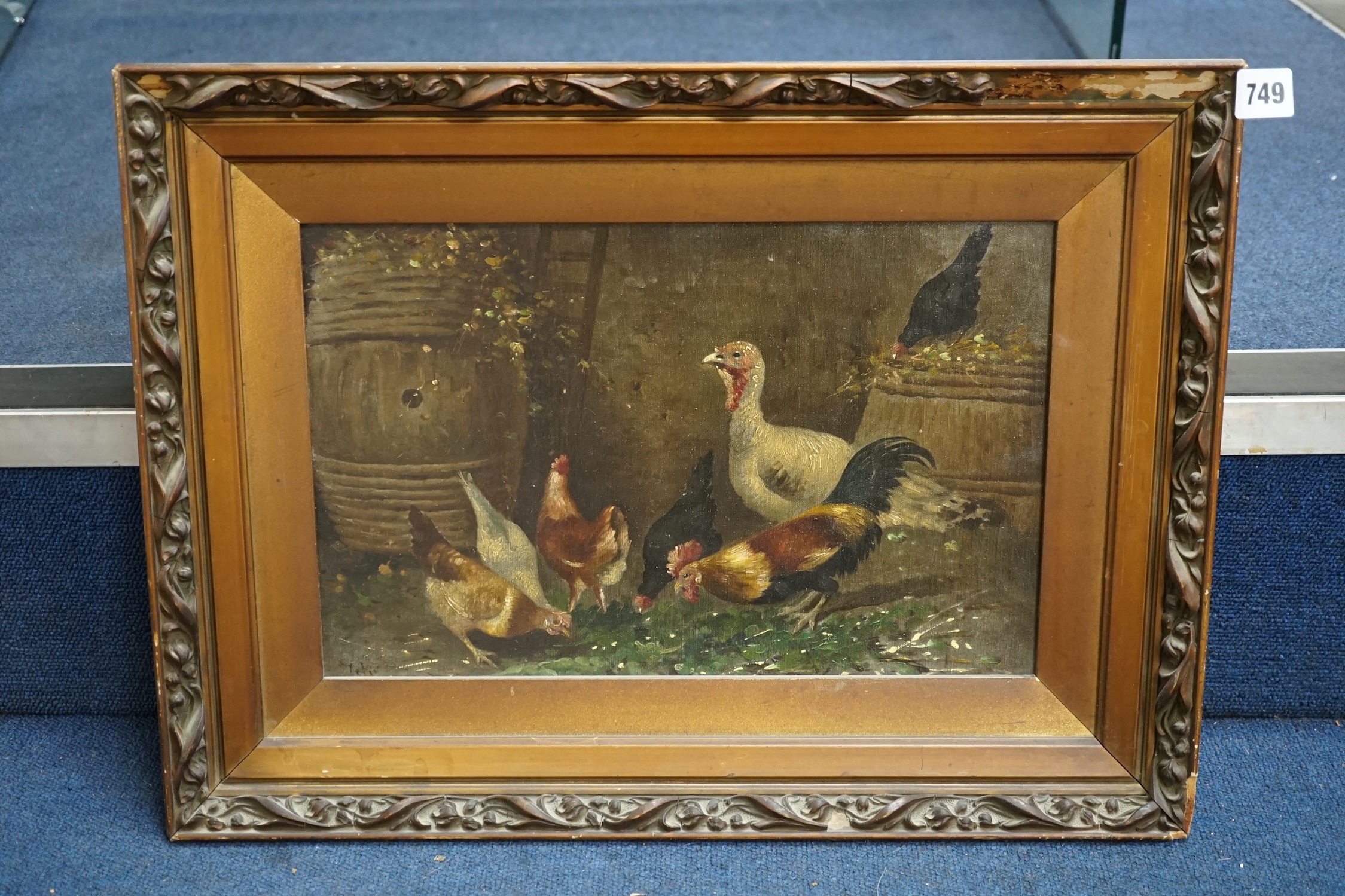19th century, oil on canvas board, Study of chickens and turkeys feeding, 24 x 37cm. Condition - fair